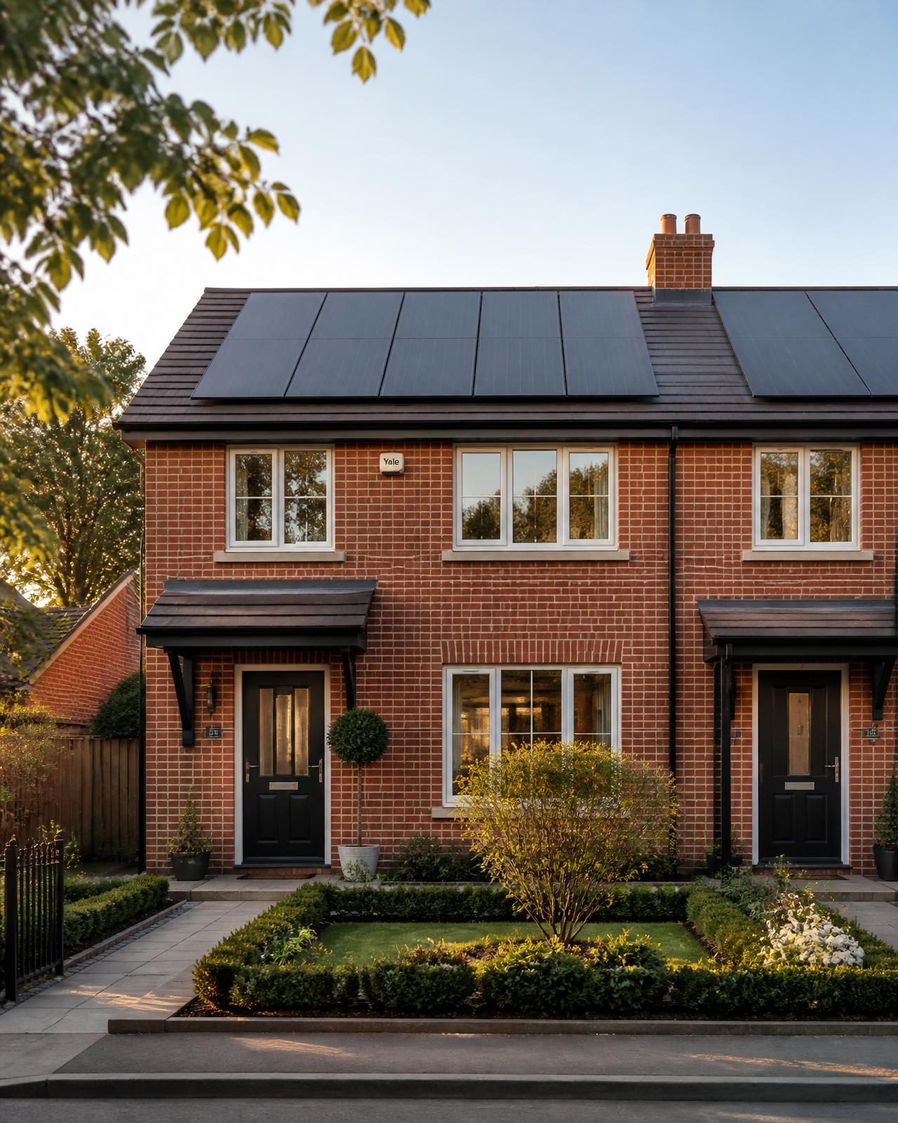 A modern UK semi-detached home with black solar panels on the roof at golden hour